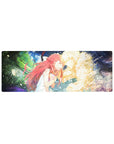 32x12 inches anime mouse pad with red-haired girl and glowing blond figure, SHELTER text, neon swirl backdrop.