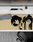 36x16 inches anime girl mouse pad in warm parchment beige with sharp black lines and calm negative space.