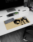 Anime girl mouse pad 28x12 inches showing two girls: messy bob with sly smile and ponytail with fierce stare.