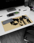 Anime girl mouse pad 32x16 inches featuring two girls: sly bob-cut leaning in, tall ponytail with hard stare.