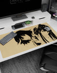 40x20 inches anime girl desk pad showing bob-haired girl smirking and ponytailed girl staring, sketch style.