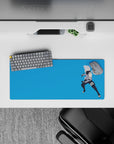 28x12 inches anime mouse pad in calming sky-blue tones, silver hair and dark mask contrast, smooth tracking.