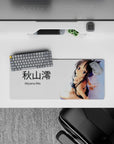Soft-glow skin highlights, dark hair and ribbon on white, classy teasing anime mouse pad, 28x12 inches.
