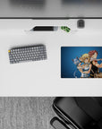 Cool blue backdrop anime mouse pad 14x10 inches, bright crisp print with warm, mischievous energy.