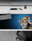 36x16 inches anime desk pad in cool blues with bright white and sky-blue accents, warm playful vibe.