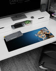 Natsu and Lucy sharing a chaotic-cute moment with Happy hovering, anime mouse pad 32x12 inches.