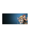 Fairy Tail anime mouse pad 28x12 inches with Natsu, Lucy and Happy in a playful desk scene.