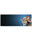 Fairy Tail anime mouse pad 32x12 inches featuring Natsu, Lucy, and Happy in a playful desk scene.
