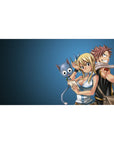 Fairy Tail anime desk pad 40x20 inches with Natsu, Lucy and Happy on a cool blue backdrop.