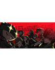 Persona 5 Royal desk pad, size 36x16 inches, featuring Phantom Thieves with Morgana in front, red backdrop, dramatic noir style.
