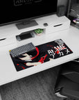 My Hero Academia mouse pad, 28x12 inches, featuring Akame in a bold, minimalist style with strong lines and splattered red details.