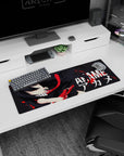 Artistic 32x12 inches mouse pad featuring Akame in sharp minimalist style, with strong lines, vivid contrast, and splattered red details.