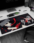 Large 40x20 inches mouse pad showcasing Akame in a bold minimalist design with strong lines, vivid contrast, and red splatter details.