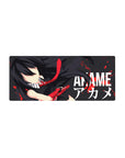 Mouse pad featuring Akame, 28x12 inches, with bold, minimalist lines, vivid contrast, and splattered red details for clean anime art.