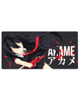 Mouse pad with Akame, 32x16 inches, in sharp minimalist style with strong lines, vivid contrast, and splattered red details for clean art.