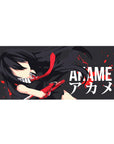 Mouse pad featuring Akame, 36x16 inches, with strong lines, vivid contrast, and splattered red details for a clean, bold anime look.