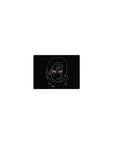 Minimalist anime mouse pad 14x10 inches with Itachi sketch in white on black and Sharingan eyes.