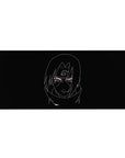 Minimalist anime desk pad 36x16 inches with Itachi sketch in white on black and red Sharingan eyes.