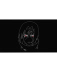 Minimalist anime desk pad 40x20 inches with crisp white sketch on deep black and red neon eyes.