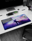 Space window scene mouse pad 32x16 inches with tiny stars, floating dust, and blurred nebula clouds.