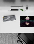 14x10 inches mouse pad featuring Neon Grid Mirage, with glowing mountains and a mirrored sun, evoking retro-futuristic digital artistry.