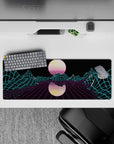 32x12 inches mouse pad with Neon Grid Mirage, showcasing an electrifying grid and glowing mountains under a mirrored sun, perfect for digital art lovers.