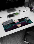 Artistic 32x12 inches mouse pad with Neon Grid Mirage, capturing retro-futuristic elements with glowing mountains and a mirrored sun in a digital design.