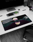 Modern 32x16 inches mouse pad featuring Neon Grid Mirage, capturing glowing mountains and a mirrored sun for a vibrant, digital aesthetic.