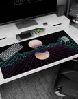 Large 40x20 inches desk pad featuring Neon Grid Mirage, blending retro-futurism with glowing mountains and a mirrored sun for a nostalgic, digital vibe.