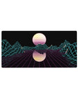 Mouse pad featuring Neon Grid Mirage, 32x16 inches, with an electrifying grid, glowing mountains, and a mirrored sun for a nostalgic digital vibe.