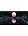 Desk pad featuring Neon Grid Mirage, 36x16 inches, with glowing mountains and an electrifying grid landscape, evoking retro-futuristic digital art.