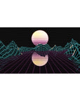 Desk pad featuring Neon Grid Mirage, 40x20 inches, with an electrifying grid landscape, glowing mountains, and a mirrored sun.