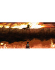 Attack on Titan desk pad 36x16 inches featuring Eren and the Colossal Titan at Wall Maria, with fiery sky and dramatic shadows.