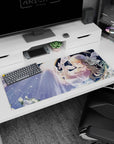 Blonde anime girl making a wish at night on desk pad 36x16 inches, petals drifting in starlit sky.