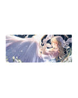 28x12 inches anime girl mouse pad with blonde hair, pearly ribbons, and a flowing white dress at night.
