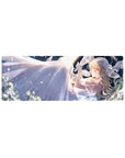 32x12 inches anime girl mouse pad with blonde hair, ribbon accents, and flowing white dress at night.