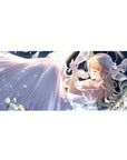 Anime girl desk pad 36x16 inches with blonde hair, ribbon accents, and flowing white dress under stars.