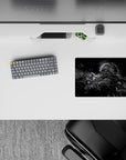 Smoky grayscale anime mouse pad 14x10 inches, moody high-contrast shadows with calm night battle energy.