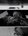 Dark monochrome anime desk pad 40x20 inches, moody night feel with sharp metal highlights.