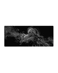 Anime mouse pad 28x12 inches featuring an armored swordsman with ink-splatter textures and sharp metal detail.