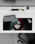Anime mouse pad 28x12 inches featuring a haunting stare and emotionless mask, with gritty textures and eerie colors.