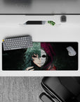 Anime mouse pad 32x12 inches featuring a haunting stare, blood-flecked hoodie, deep violets, ash green, and ghostly whites.