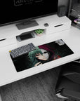 Anime mouse pad 28x12 inches featuring a haunting stare and emotionless mask, with gritty textures and eerie colors.