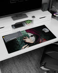 Anime mouse pad 32x16 inches featuring intense duality of madness and calm with gritty textures and haunting colors.