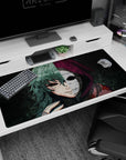 Anime desk pad 40x20 inches featuring a haunting character with a blood-flecked hoodie, deep violets, and ash green.