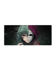 Anime mouse pad 28x12 inches featuring a haunting stare and emotionless mask in gritty textures, violets, and eerie colors.