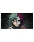 Anime mouse pad 32x16 inches featuring a haunting stare and emotionless mask, with gritty textures and eerie colors.