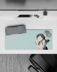 28x12 inches anime girl mouse pad in pale teal with soft streaks, dreamy calm vibe for desk setup.