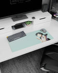 28x12 inches anime girl mouse pad showing a dark twin-ponytail schoolgirl wishing you luck, hands clasped.