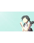 Anime girl desk pad 40x20 inches with shy schoolgirl illustration, twin ponytails, clean minimalist style.